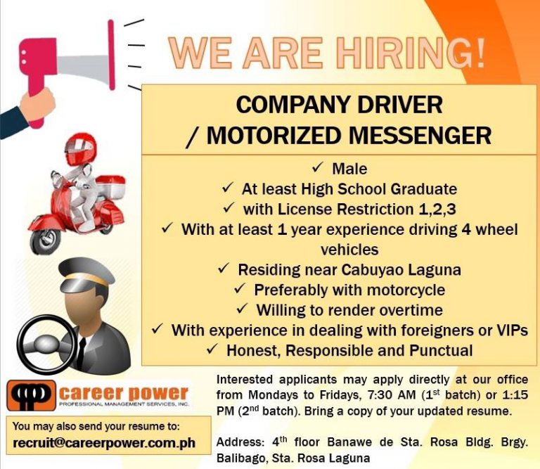 URGENT HIRING FOR COMPANY DRIVER Career Power Professional Management