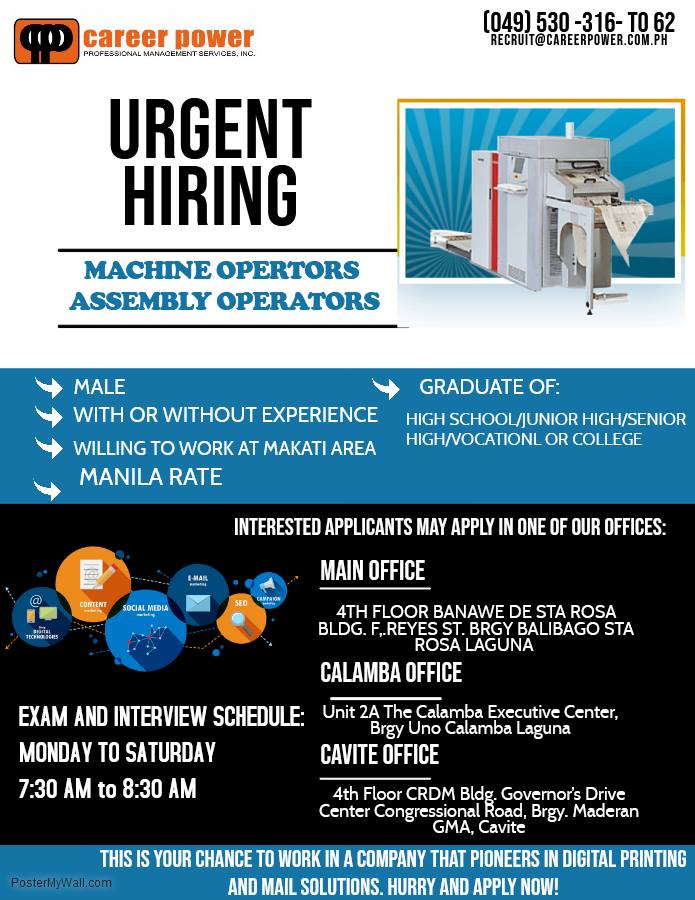 URGENT HIRING MACHINE & ASSEMBLY OPERATORS Career Power Professional